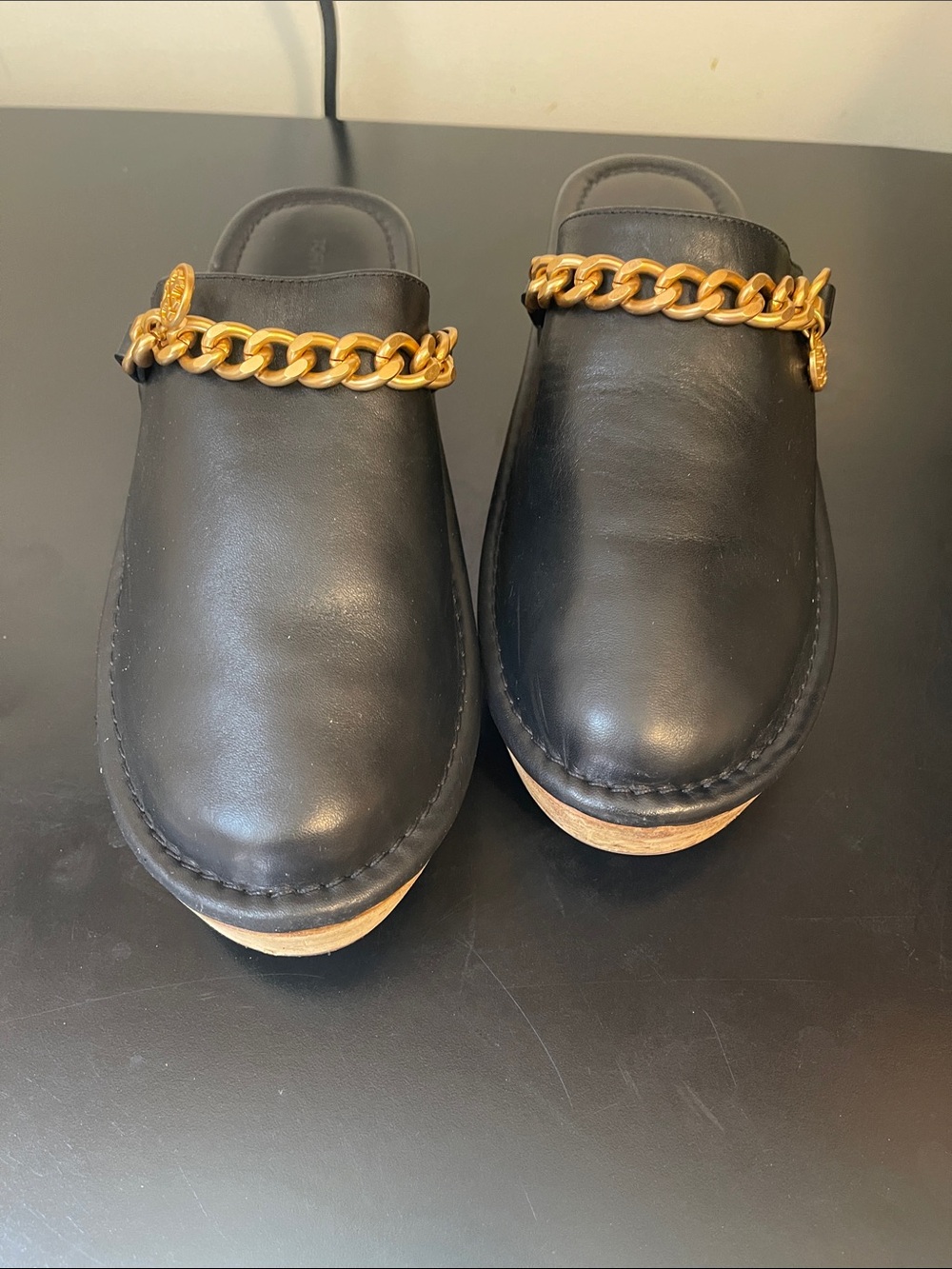 Tory Burch Black Leather Slip-On Mules with Gold Chain - Picture 4 of 8